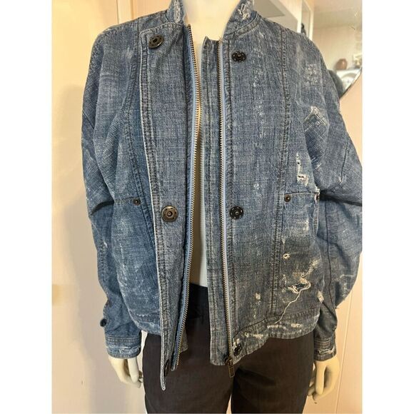 Free People Tattered Tennis Bomber Zip & Snap Front Distressed Jacket M - Picture 8 of 12